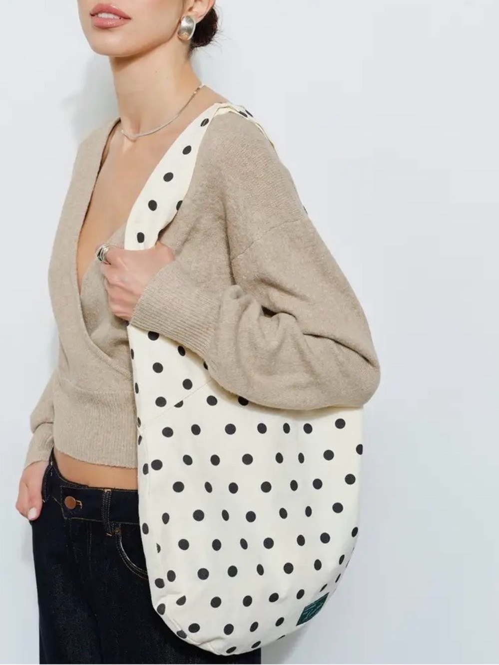 Polka Dot Canvas Tote Bag - Cream with Black Dots